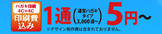ハガキ印刷4C+4C印刷費込み　1通（通常ハガキタイプ3,000通～）　15円～