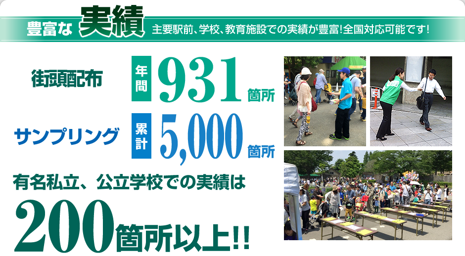 豊富な実績主要駅前、学校、教育施設での実績が豊富!全国対応可能です! 街頭配布年間931箇所 サンプリング累計5,000箇 所有名私立、公立学校での実績は200箇所以上!!